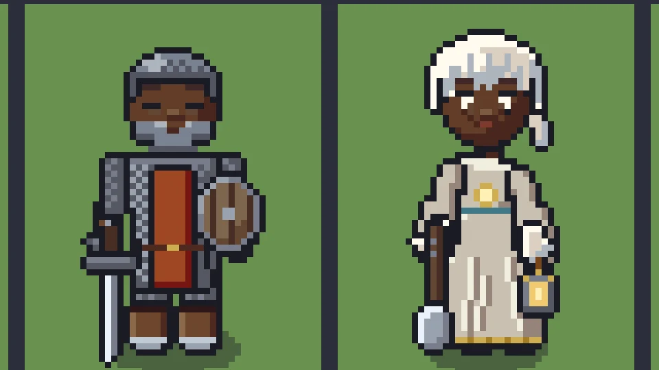 Zwei Dorfbewohner von Ambercombe in Berufskleidung, Pixelfiguren vor dunklem Hintergrund.