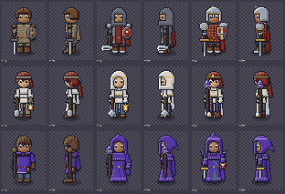 Rig v3 contact sheet: Warrior, Priest and Mage as human and Ithreni in armour tiers 1 to 3, each from the front, side and back.