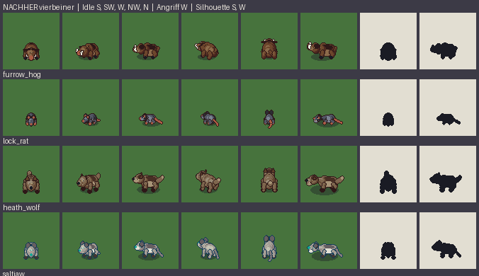 Contact sheet of the quadrupeds after the rework: boar, rat, wolf, salt wolf, stag and badger in five directions, with attack pose and silhouette.