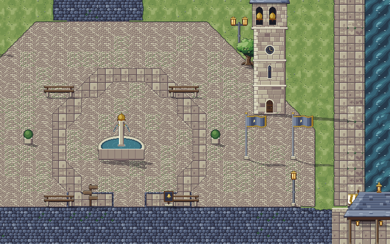 Map detail of the capital Lanterhall by day at twice the game size: a paved square with a fountain, benches and lanterns, a bell tower, Concordat banners, a street and a canal with a covered bridge.